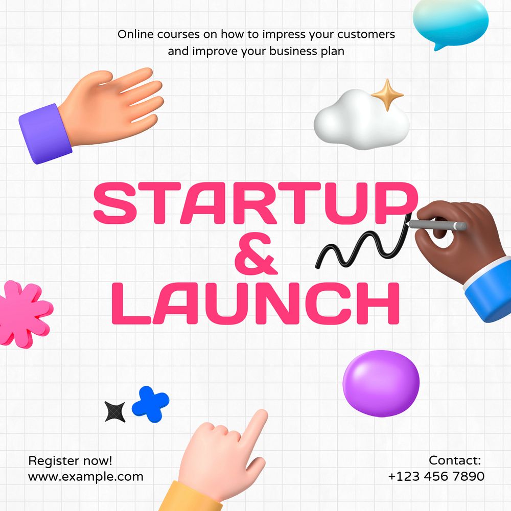 Startup launch Instagram post template, 3D editable design