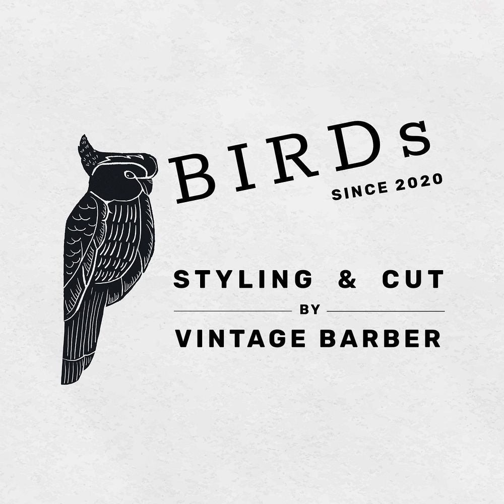 Vintage bird barber logo template, editable linocut design for small business