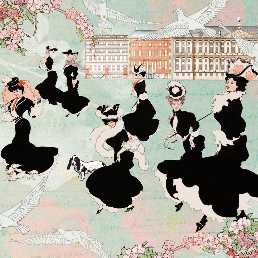 Victorian women strolling background, editable vintage illustration, remixed by rawpixel