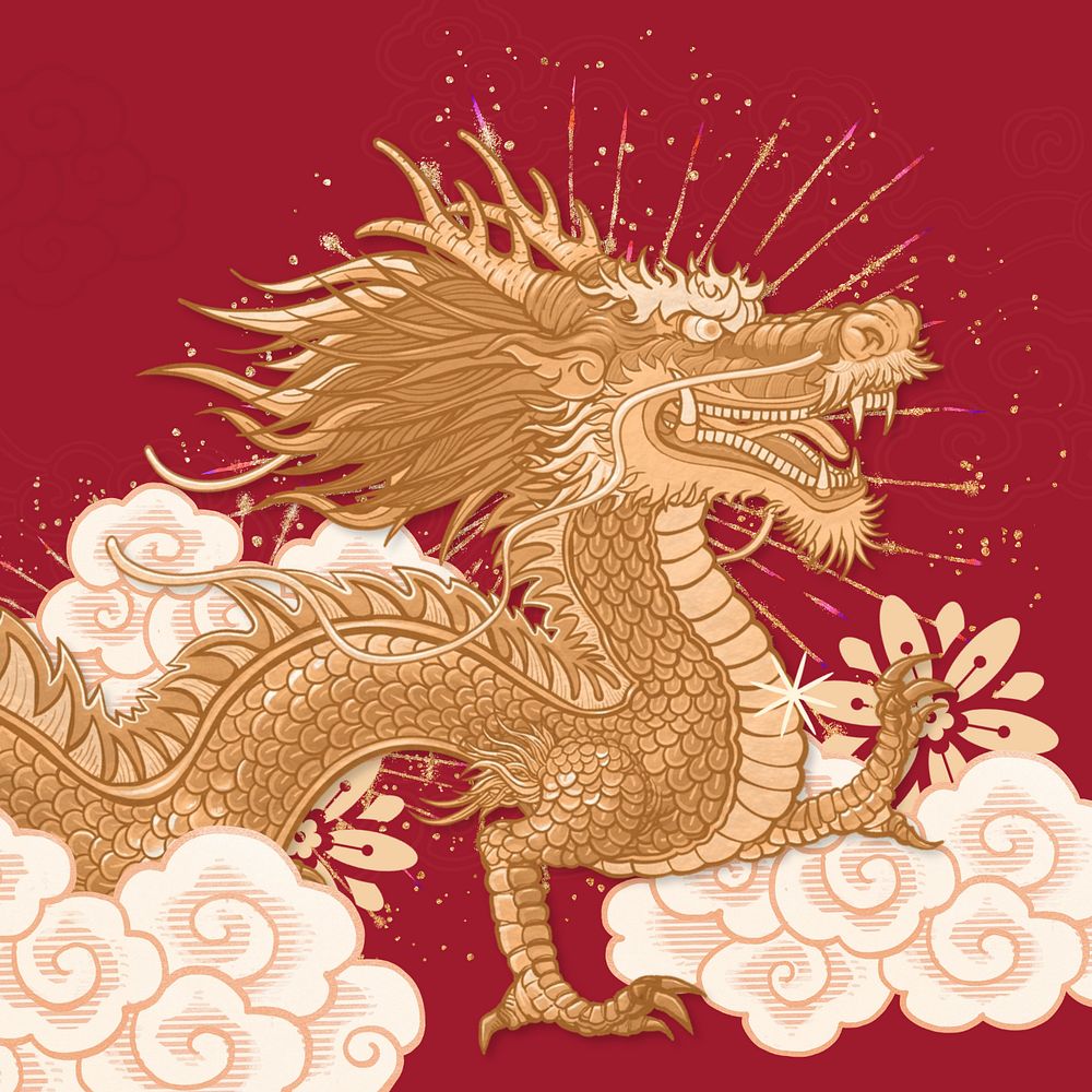 Red Chinese dragon background, oriental mythical creature illustration, editable design