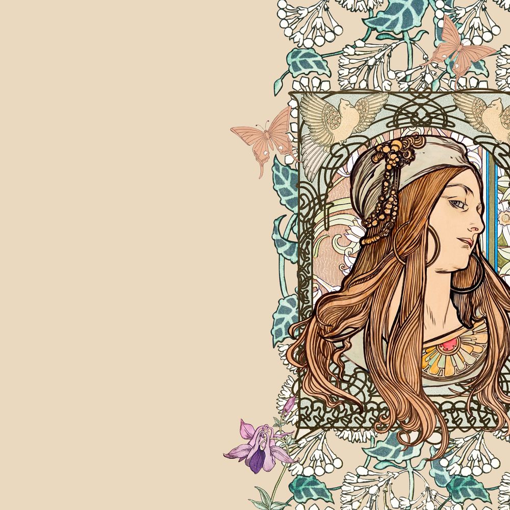 Art nouveau lady background, editable Alphonse Mucha's vintage artwork, remixed by rawpixel