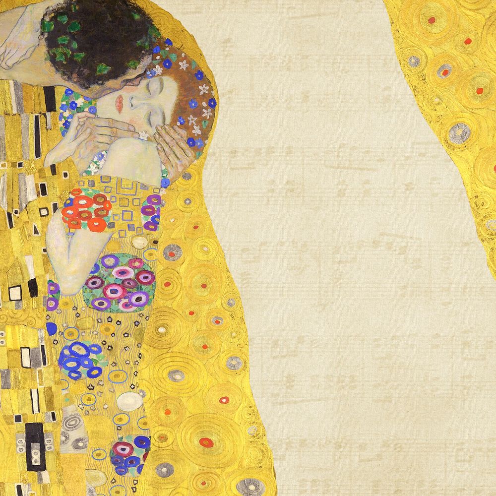 Klimt's The Kiss background, vintage yellow, remixed by rawpixel, editable design