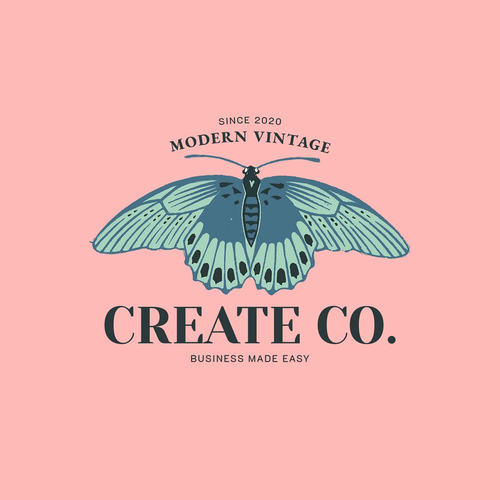 Retro butterfly logo template, editable linocut design for small business