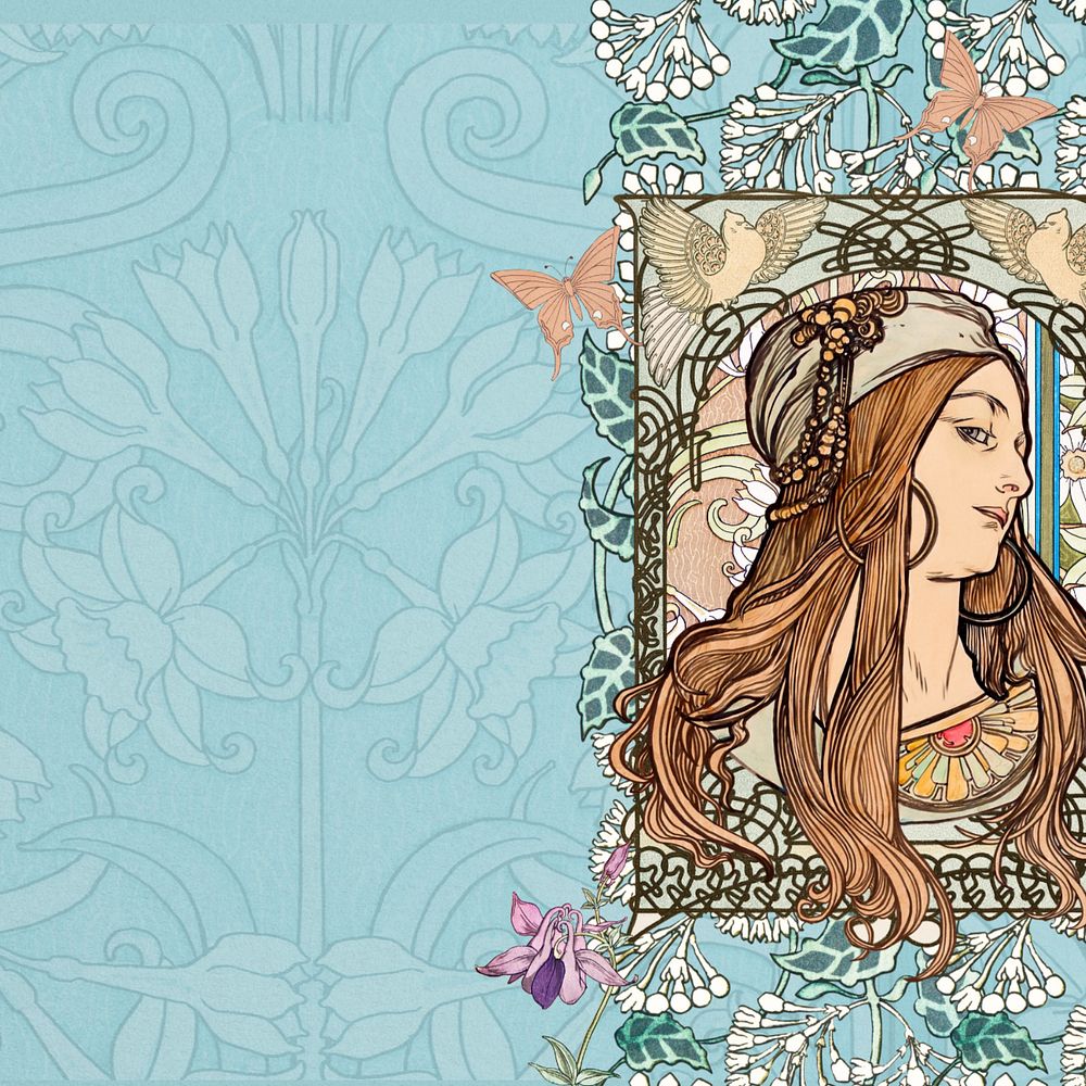 Art nouveau lady background, editable Alphonse Mucha's vintage artwork, remixed by rawpixel