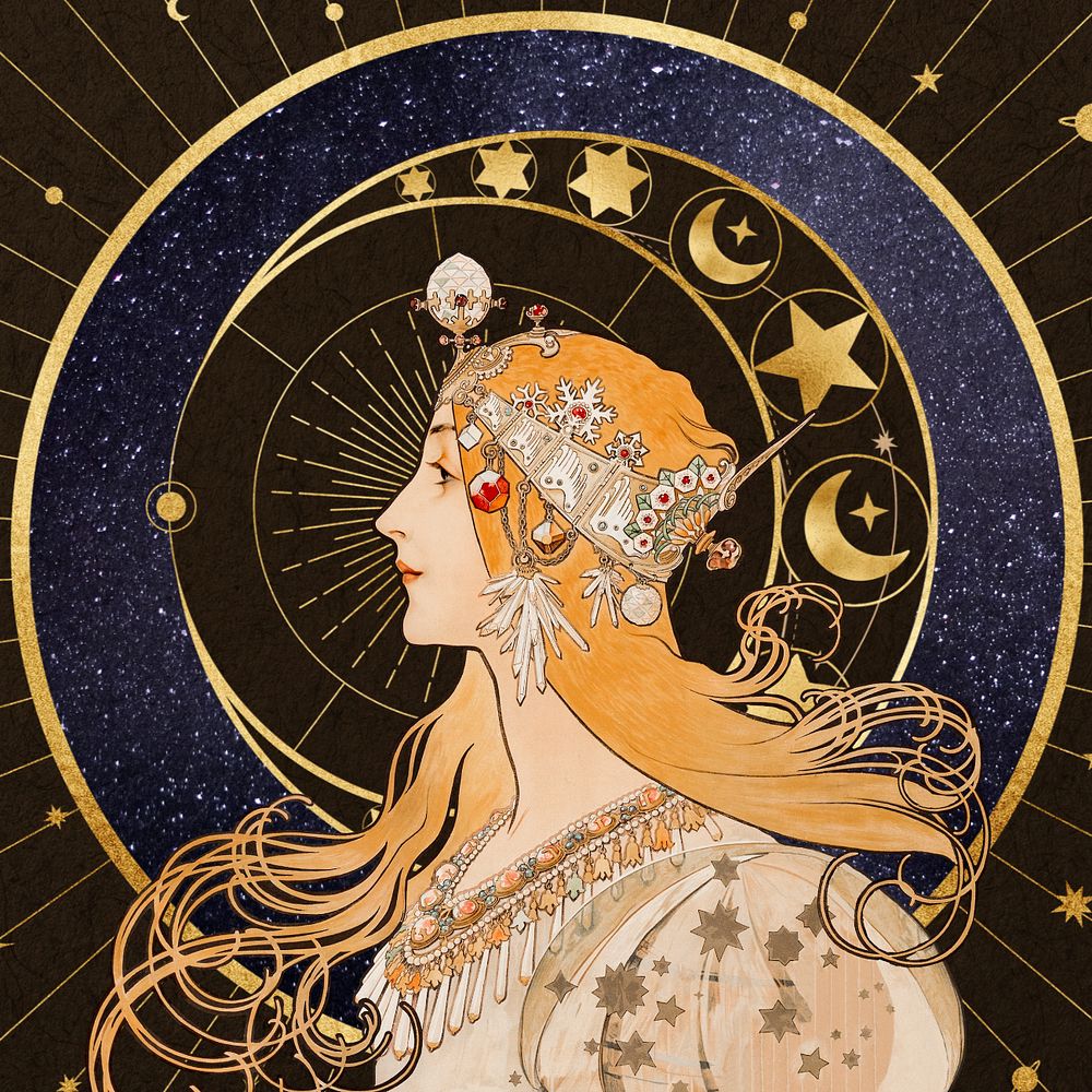 Alphonse Mucha's Zodiac background, editable vintage astrology woman, remixed by rawpixel