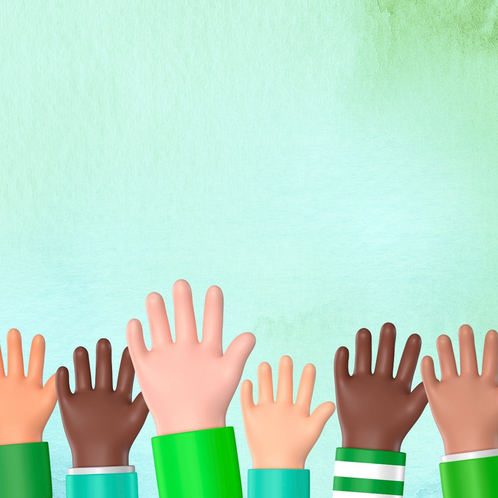 Diverse raising hands background, 3D rendering, editable design