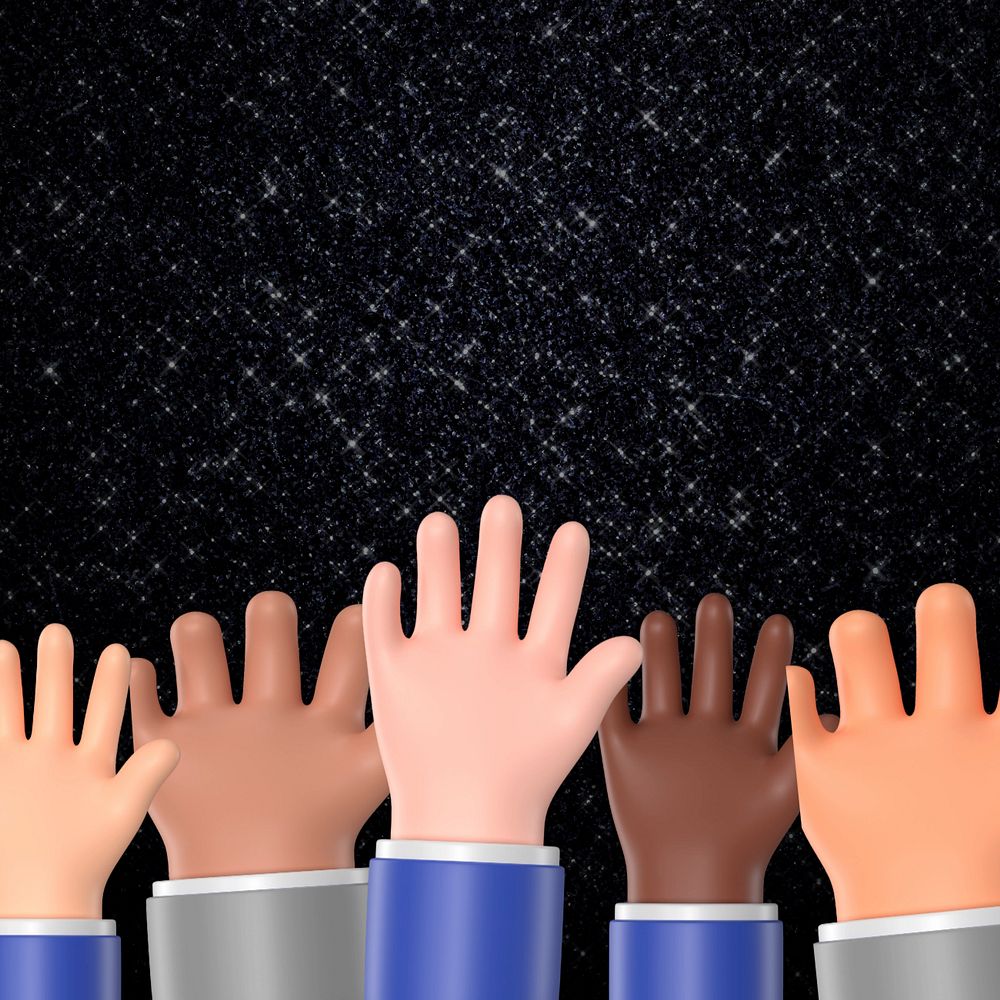 Diverse raising hands background, 3D rendering, editable design