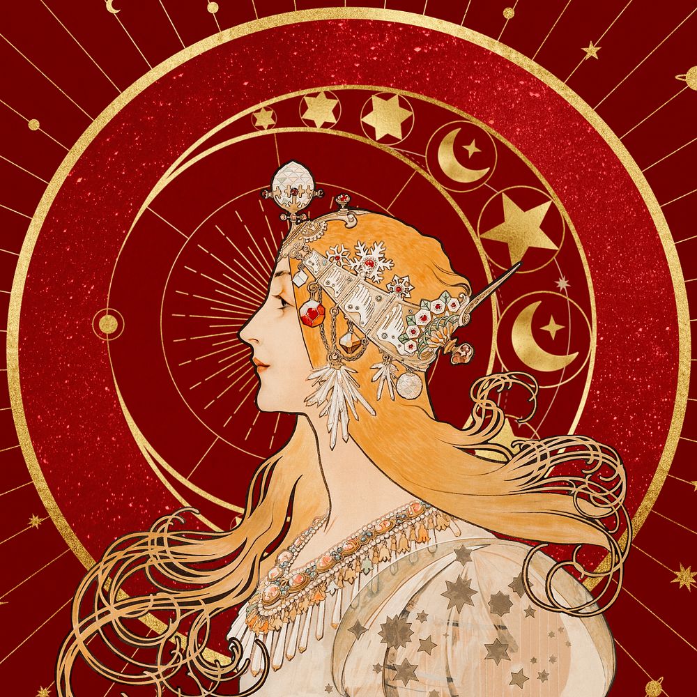 Alphonse Mucha's Zodiac background, editable vintage astrology woman, remixed by rawpixel