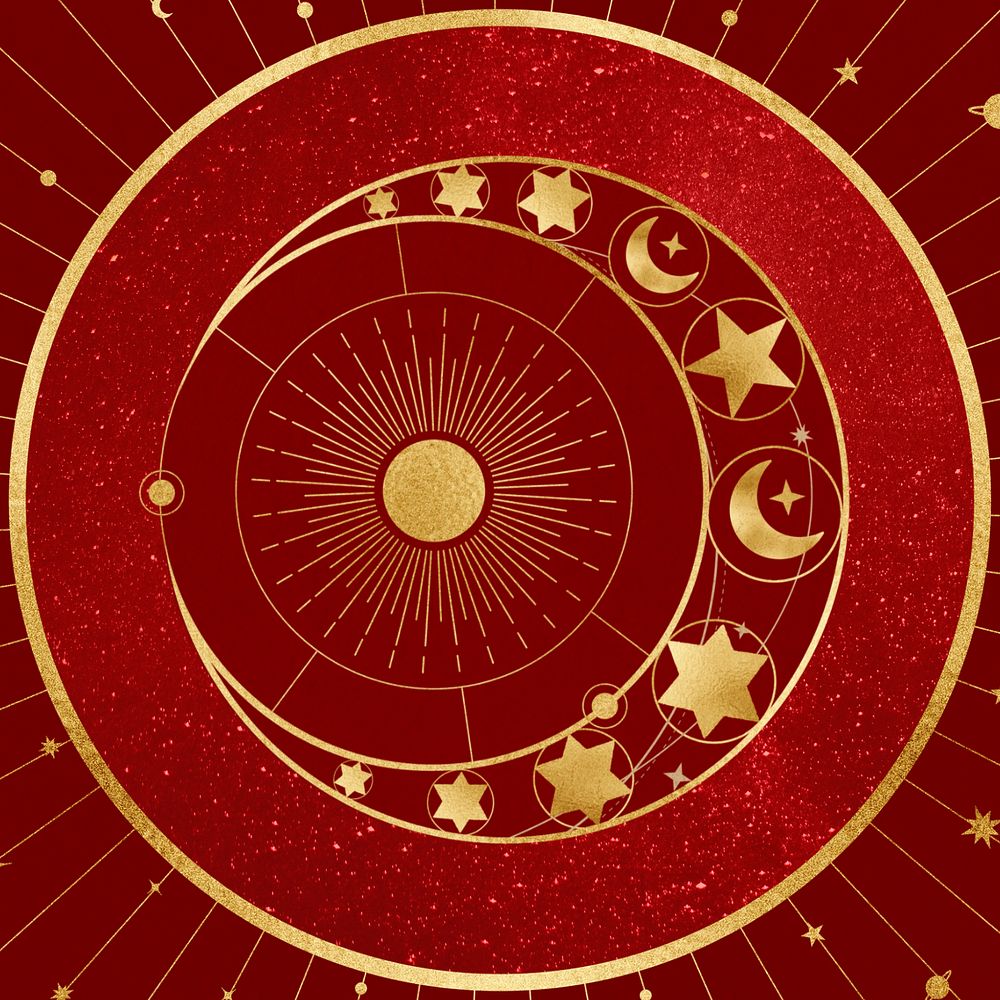 Aesthetic gold celestial, editable red background, remixed by rawpixel