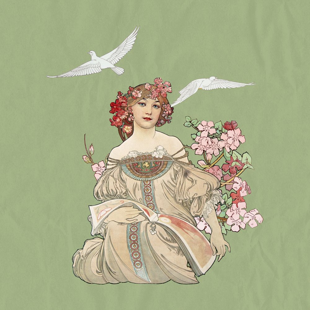 Alphonse Mucha's Daydream sticker, vintage famous artwork, remixed by rawpixel, editable design