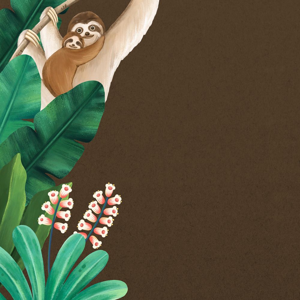 Brown wildlife border background, sloth illustration