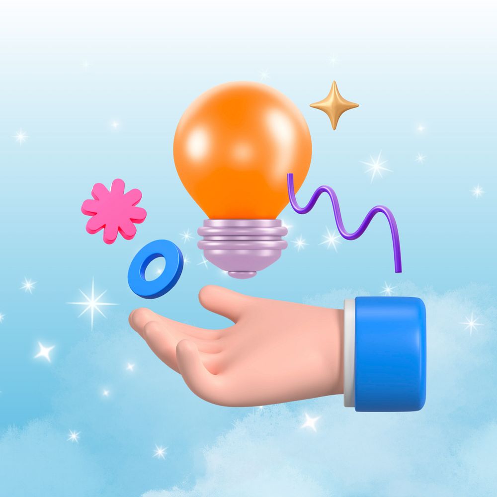 Creative idea, 3D hand presenting light bulb, editable design