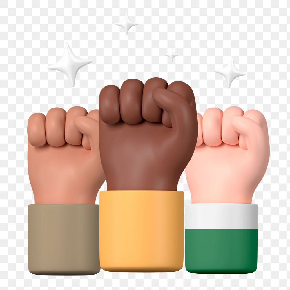 Diverse raised fists, BLM movement in 3D, editable elements