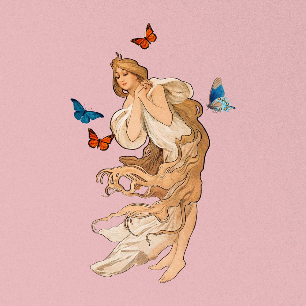 Vintage butterfly woman sticker, remixed from the artwork of Alphonse Mucha, editable design