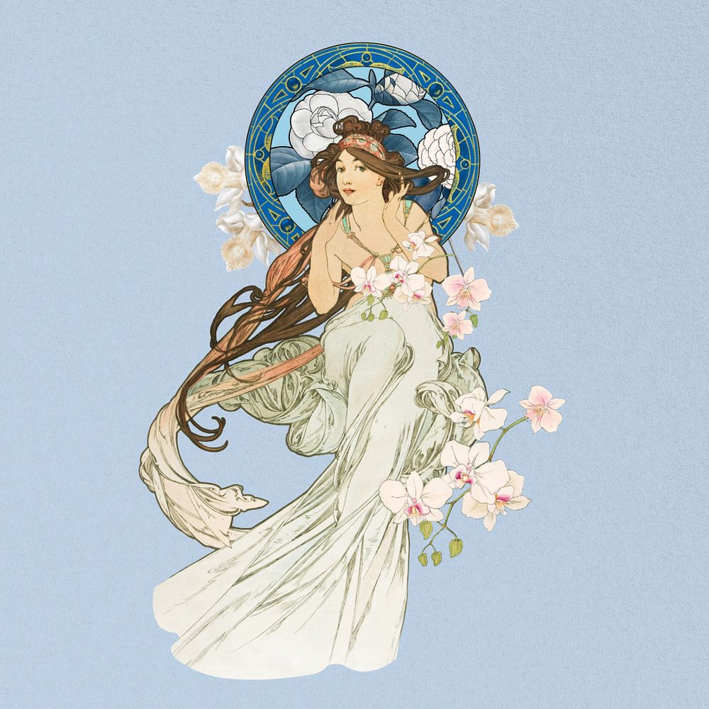 Vintage flower goddess sticker, art nouveau style, remixed from the artwork of Alphonse Mucha, editable design