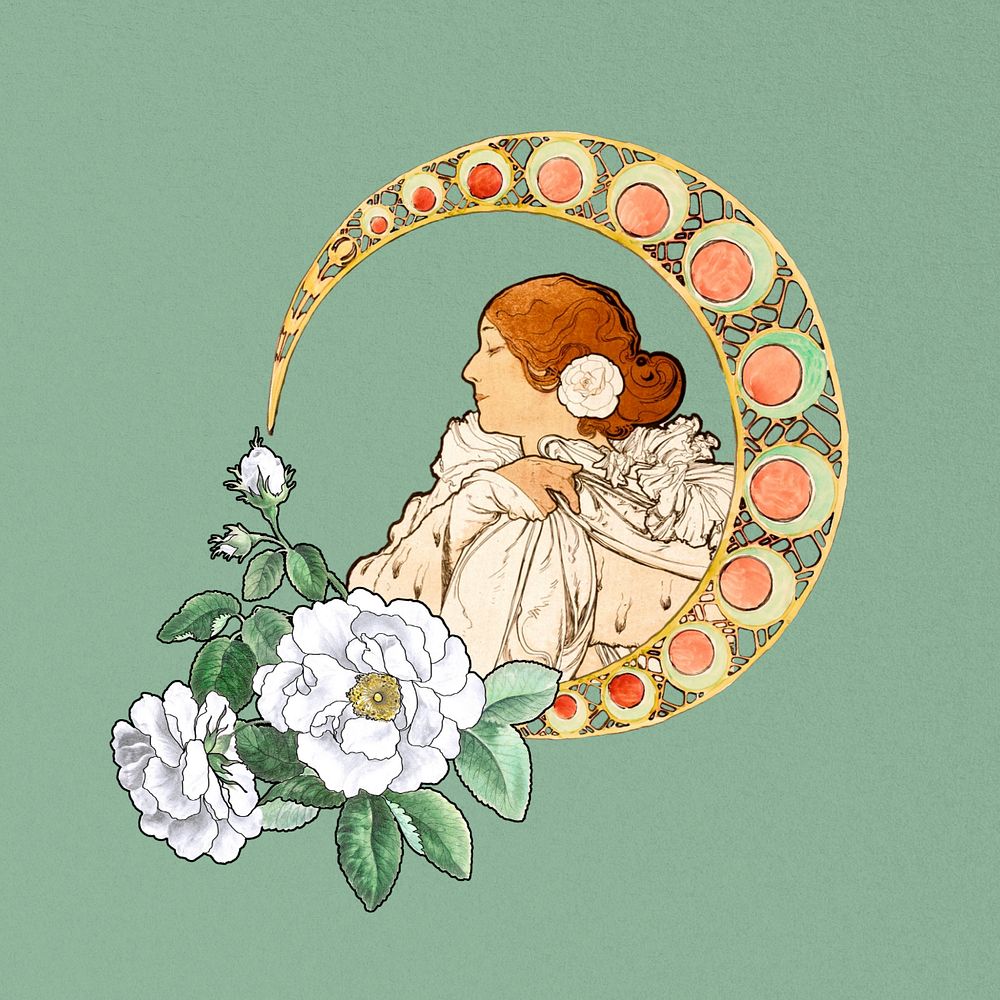 Art nouveau lady sticker, floral design, remixed by rawpixel, editable design