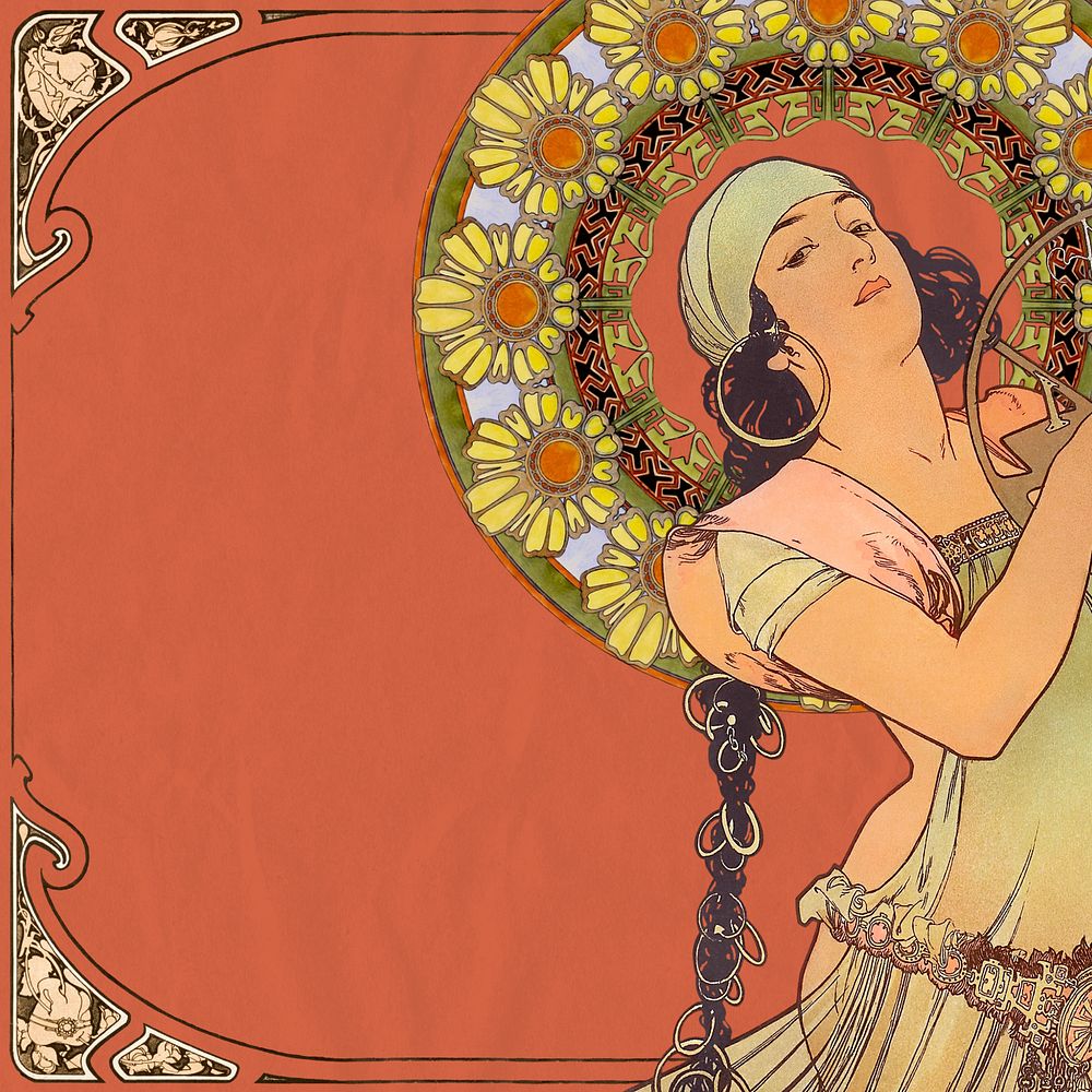 Alphonse Mucha's Salomé background, vintage woman aesthetic, remixed by rawpixel, editable design