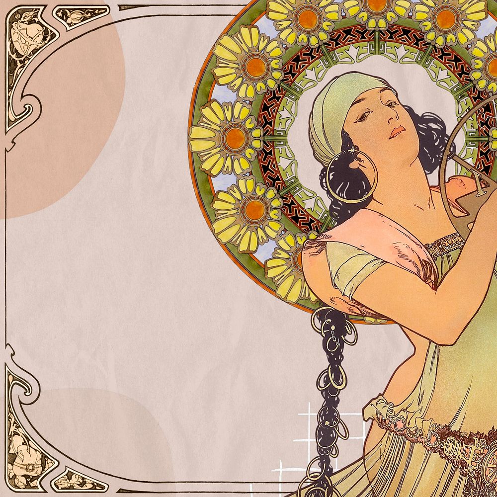 Alphonse Mucha's Salomé background, vintage woman aesthetic, remixed by rawpixel, editable design