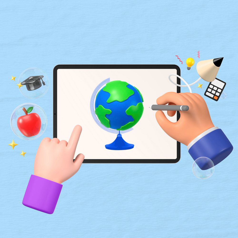 3D education, hand drawing globe on tablet illustration, editable design