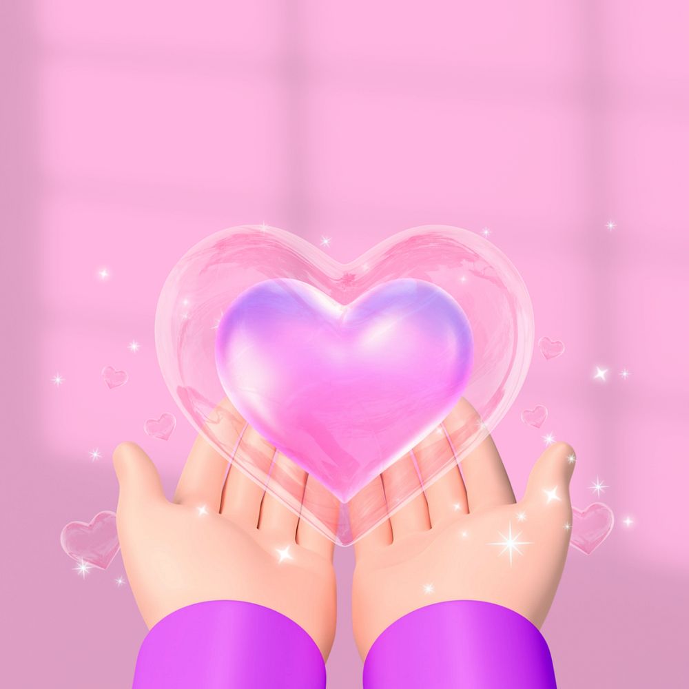 Hand presenting heart background, pink 3D aesthetic, editable design