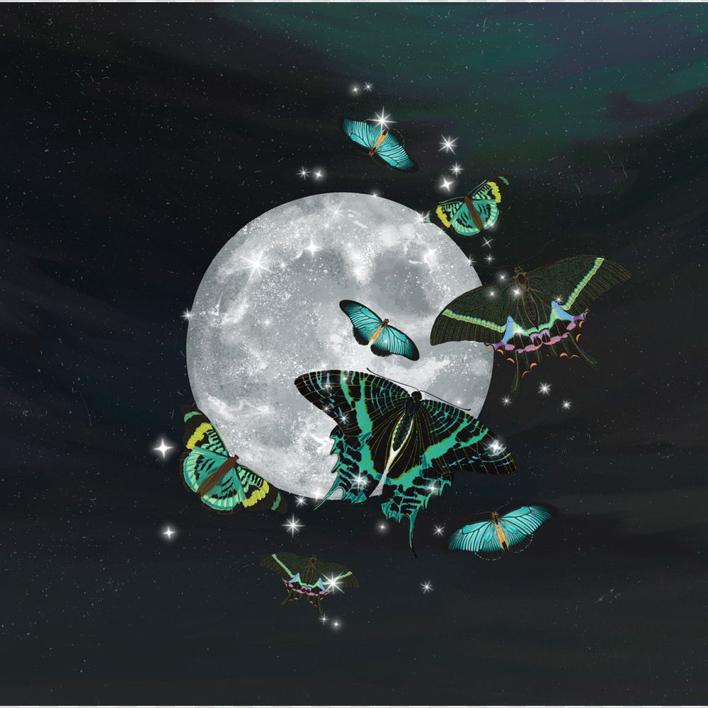 Aesthetic butterflies, editable full moon, remixed from the artwork of E.A. Séguy