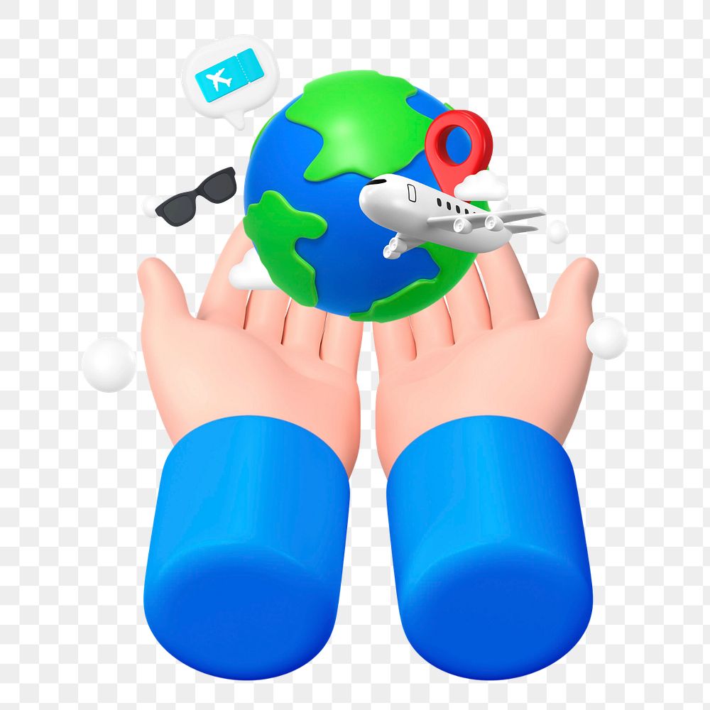 Hand presenting globe, 3D travel graphic, editable elements