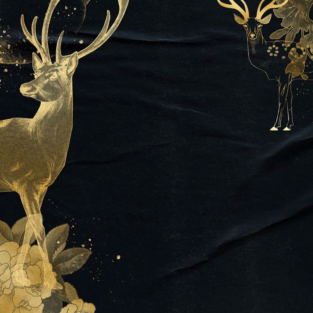 Gold deer editable border, black background, glued paper texture, remixed by rawpixel