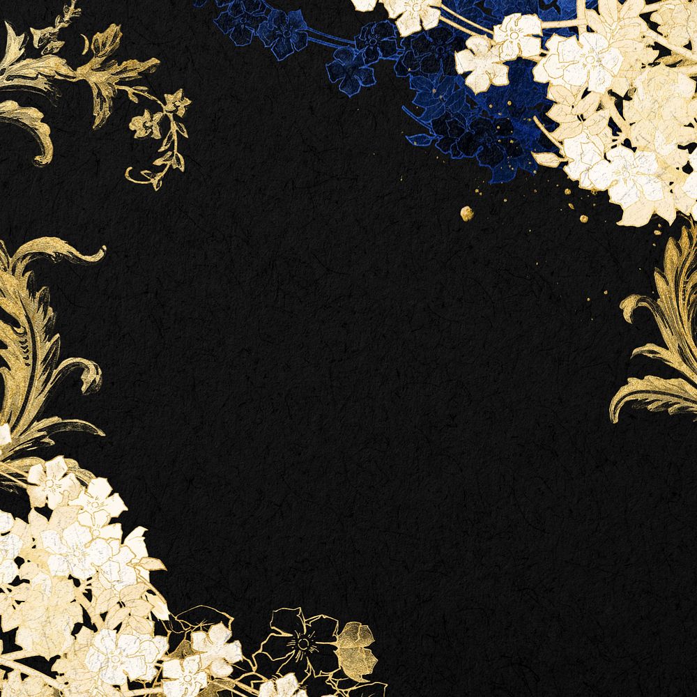 Black background, editable gold flower border, remixed by rawpixel