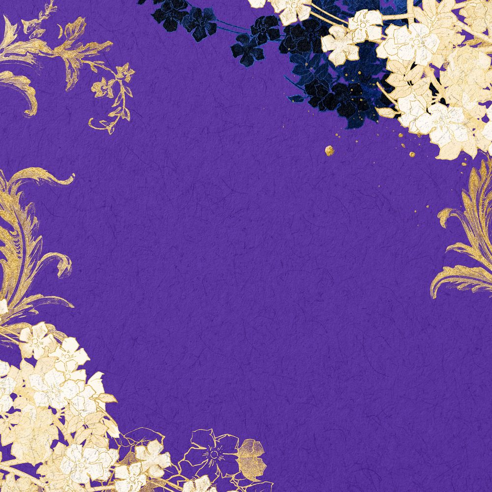 Gold flower border, editable purple background, remixed by rawpixel