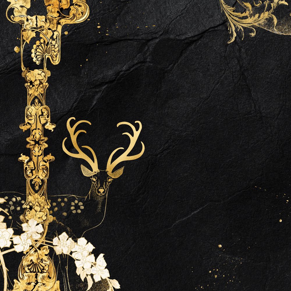Black glued paper texture background, editable gold deer border, remixed by rawpixel
