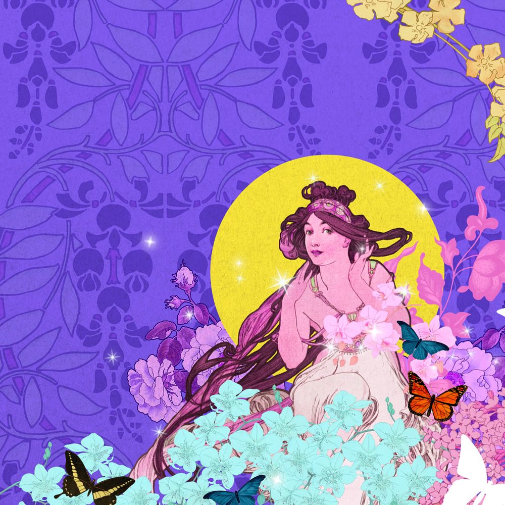 Purple flower goddess background, editable leafy pattern, remixed from the artwork of Alphonse Mucha