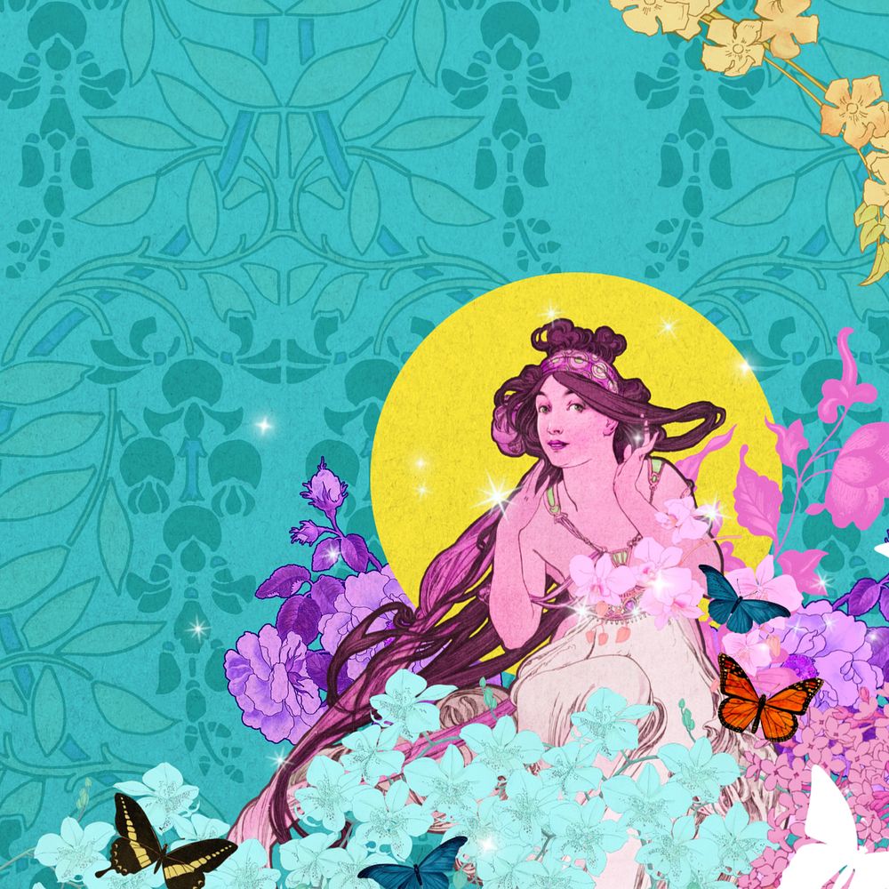 Purple flower goddess background, editable leafy pattern, remixed from the artwork of Alphonse Mucha