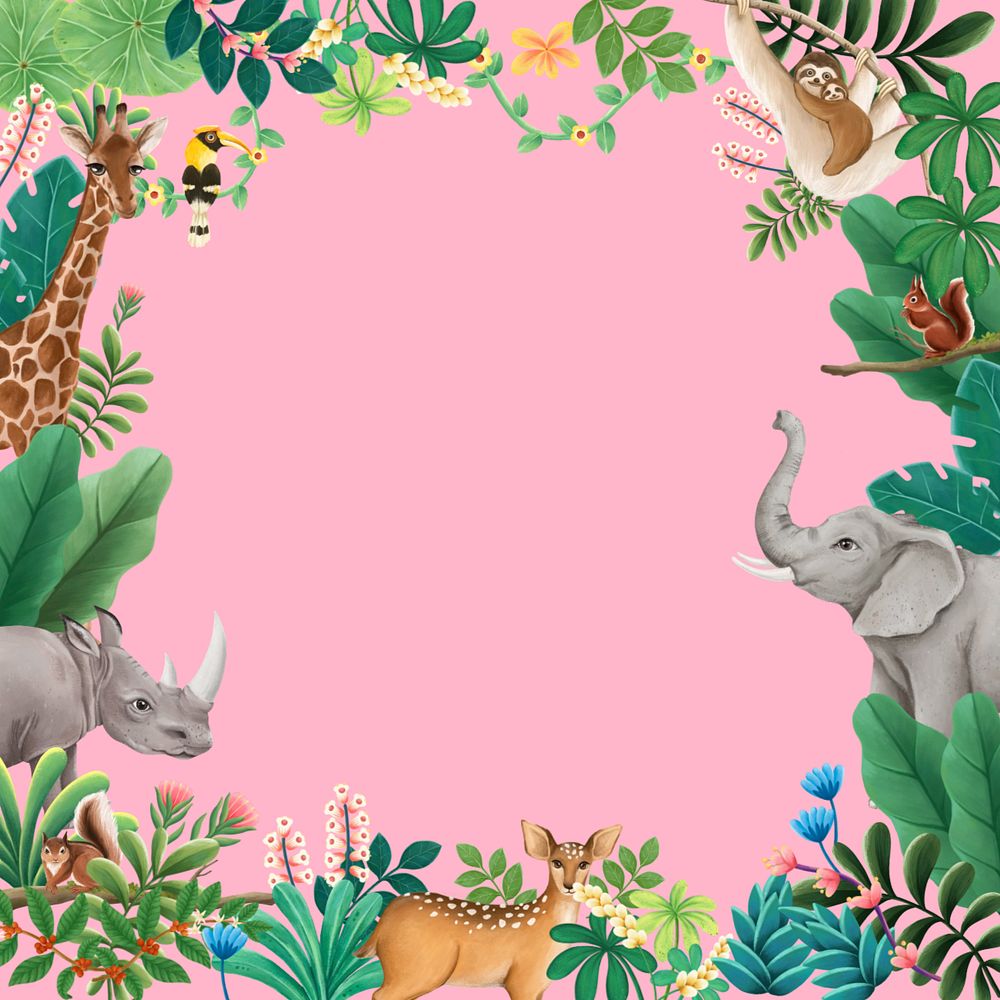 Wild animals background, green leaves frame