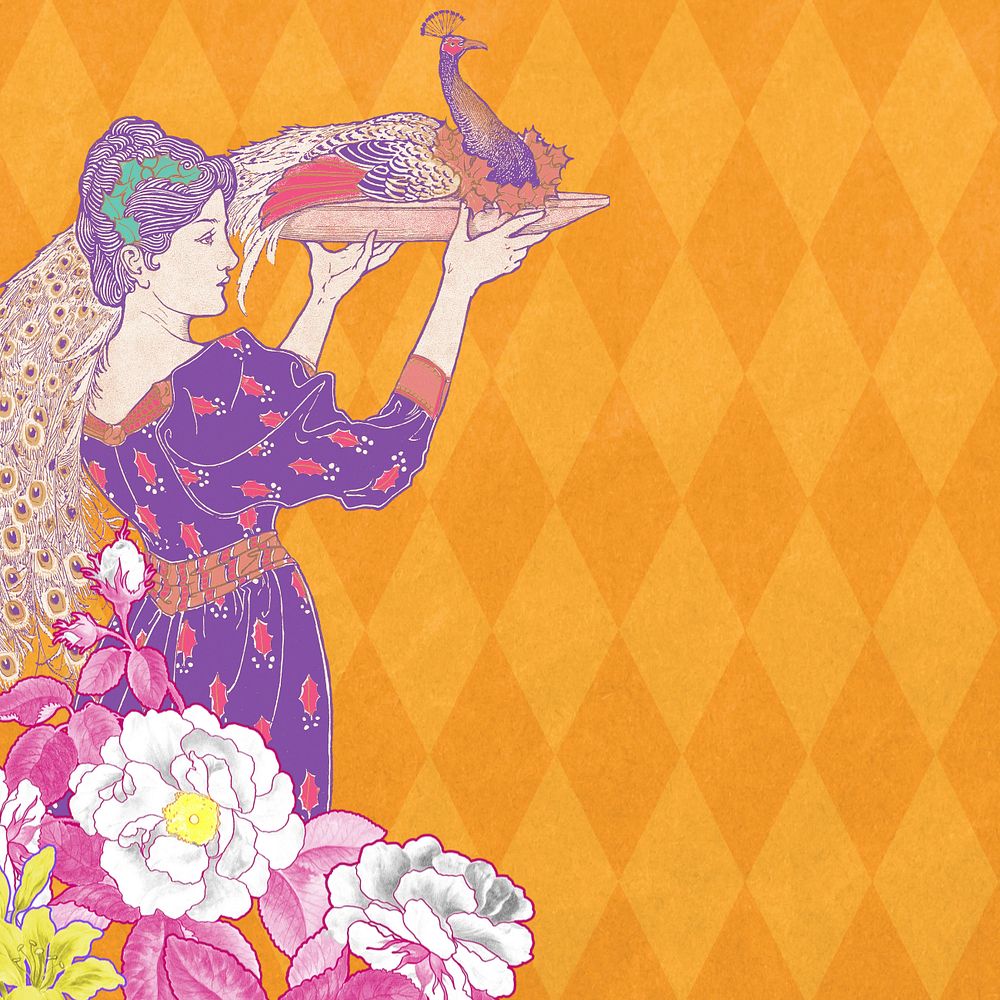 Woman carrying peacock background, editable vintage orange pattern, remixed from the artwork of Louis Rhead