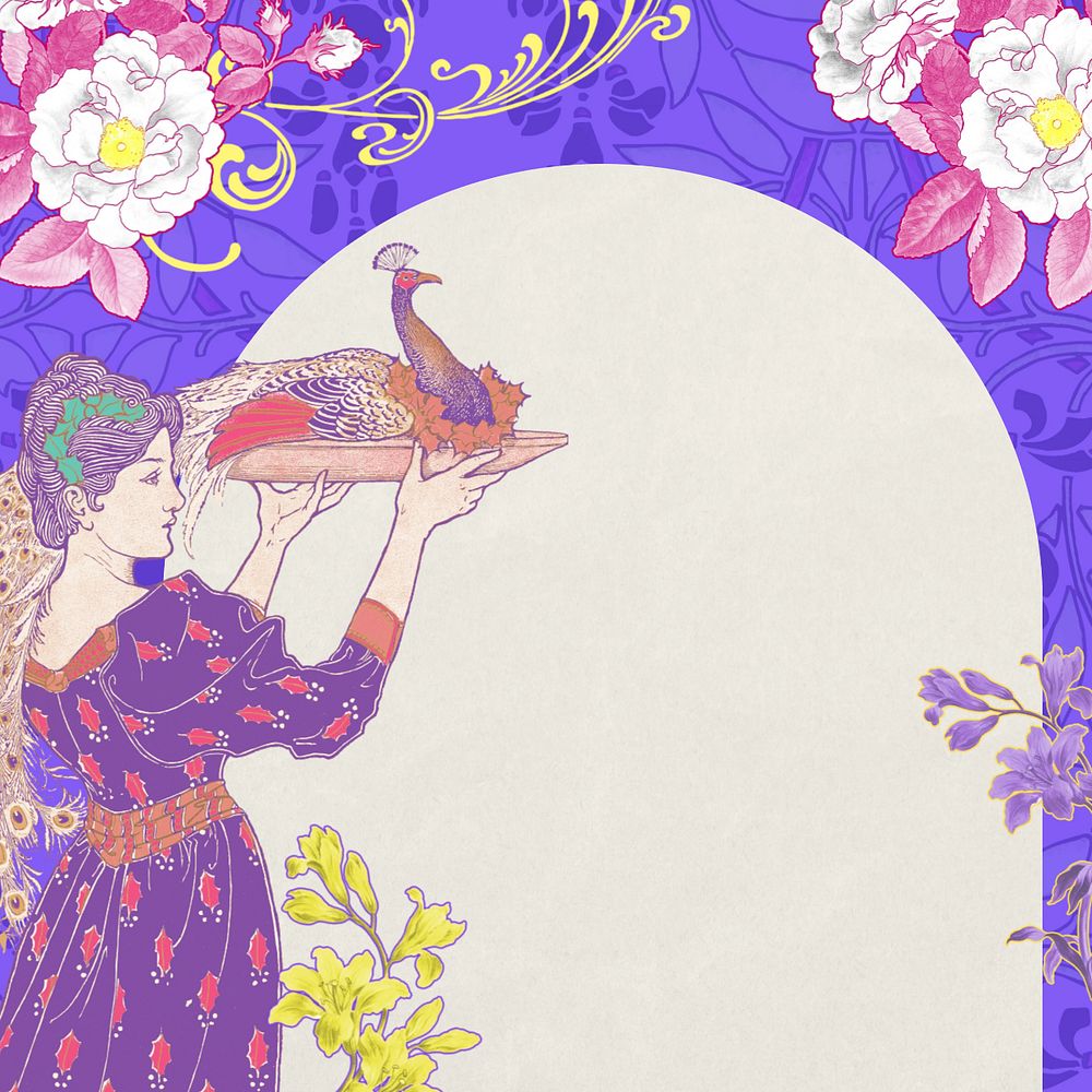 Woman carrying peacock background, editable vintage arch frame, remixed from the artwork of Louis Rhead