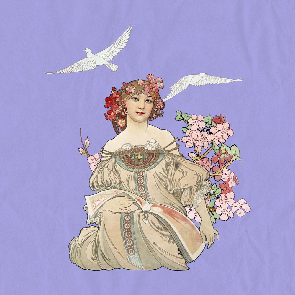 Alphonse Mucha's Daydream sticker, vintage famous artwork, remixed by rawpixel, editable design