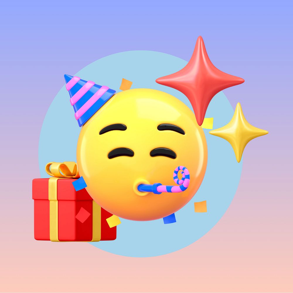 Birthday party emoticon, 3D rendering, editable design