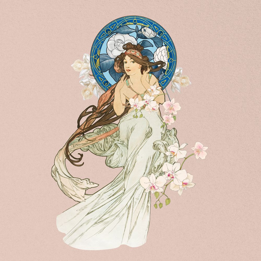 Vintage flower goddess sticker, art nouveau style, remixed from the artwork of Alphonse Mucha, editable design