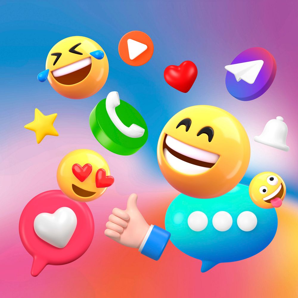 Social media emoticons, colorful 3D rendering, editable design