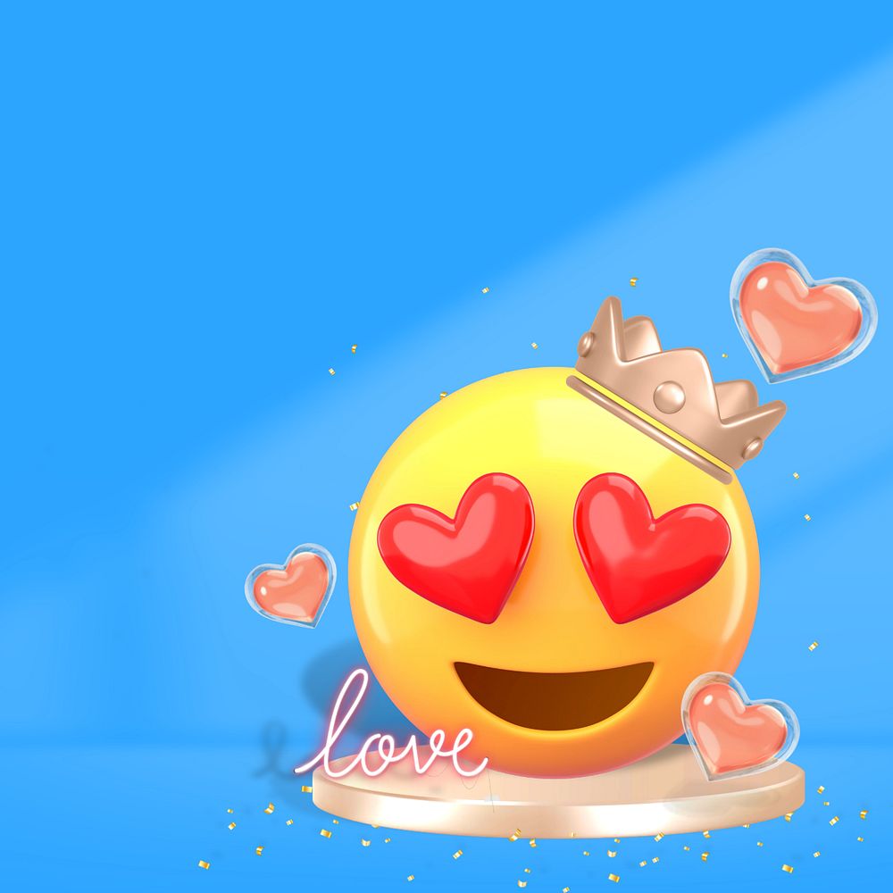 Heart-eyes crown emoticon background, blue 3D, editable design