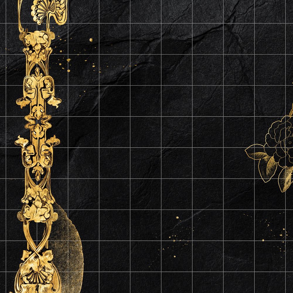 Black grid textured background, editable gold border, remixed by rawpixel