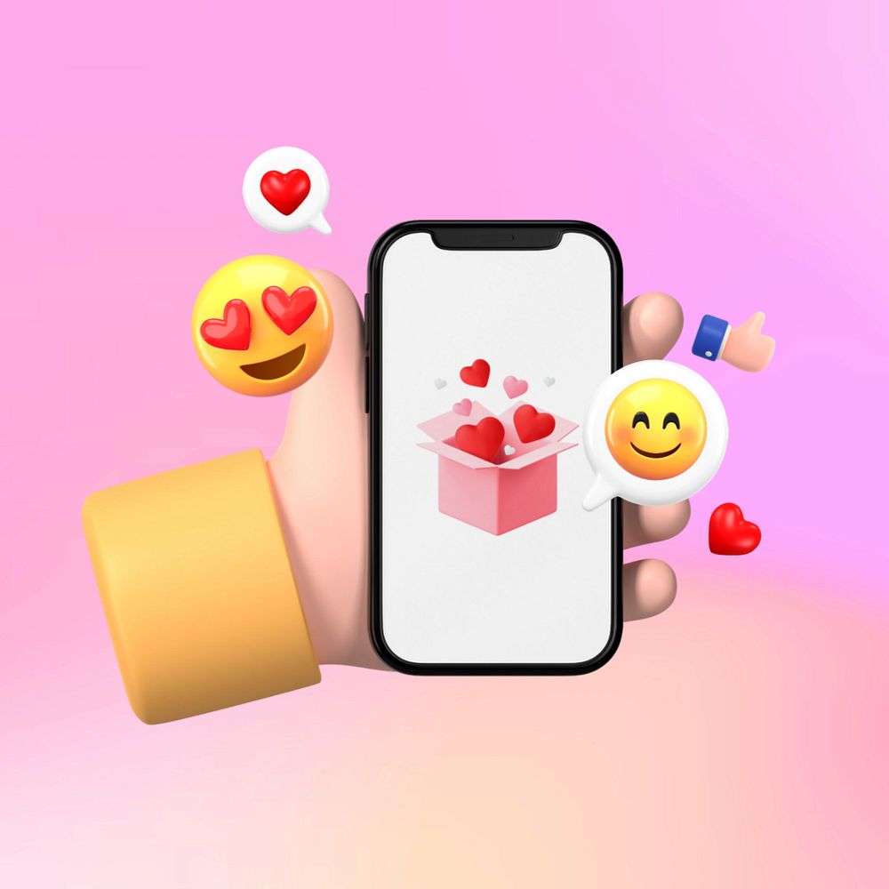 Love messages on phone screen, 3D emoticons, editable design