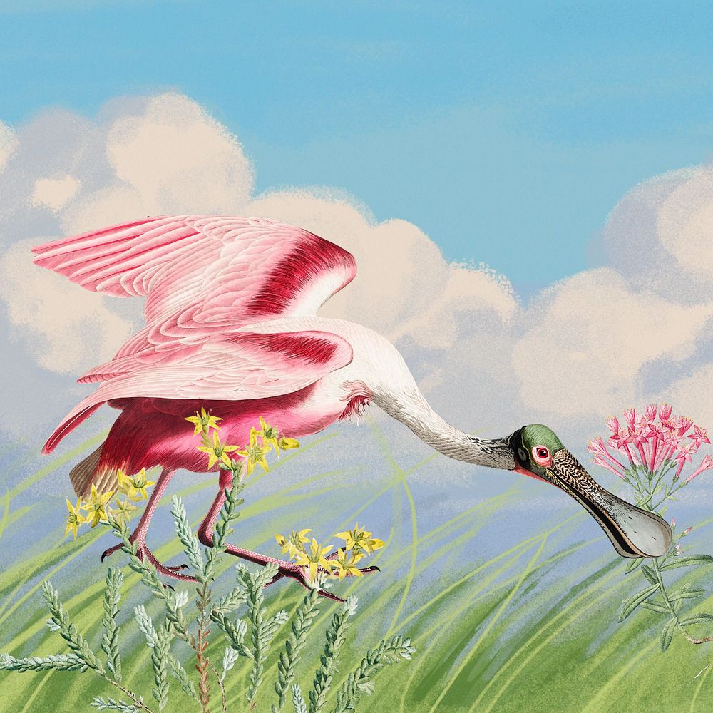 Roseate Spoonbill bird background, vintage animal illustration