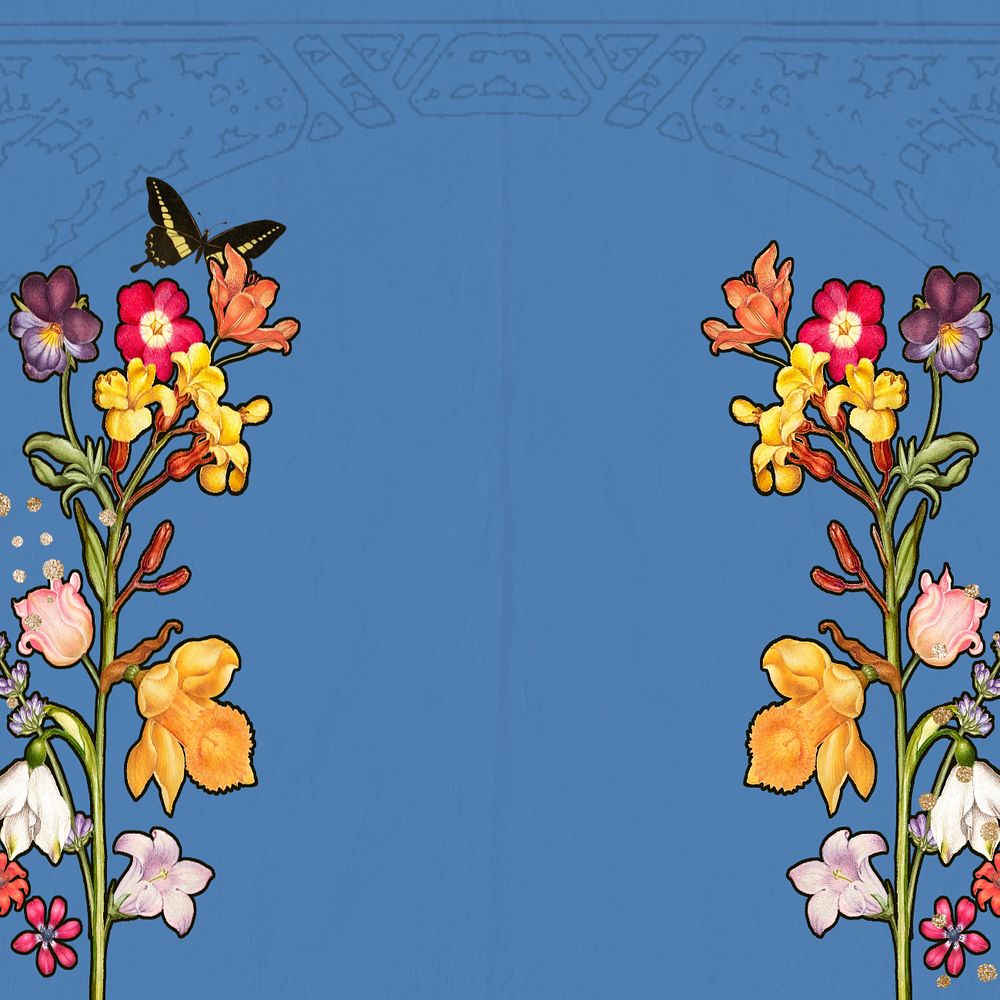 Floral border, blue background, editable Art Nouveau design