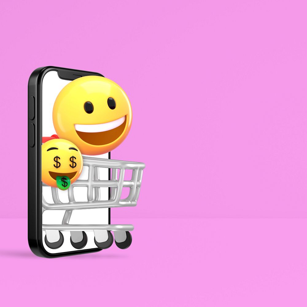 3D online shopping background, emoticons illustration, editable design