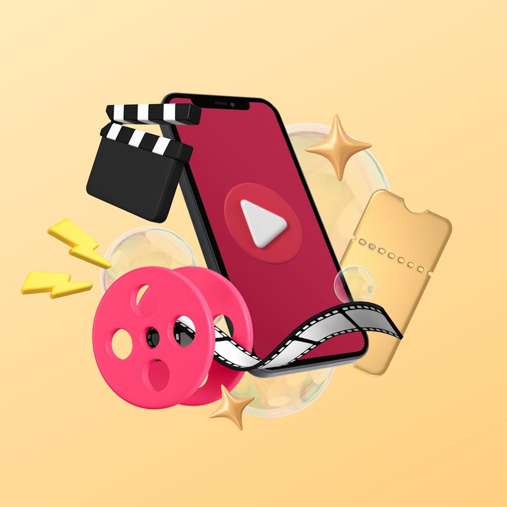 Smartphone entertainment, 3D film reel icon, editable design