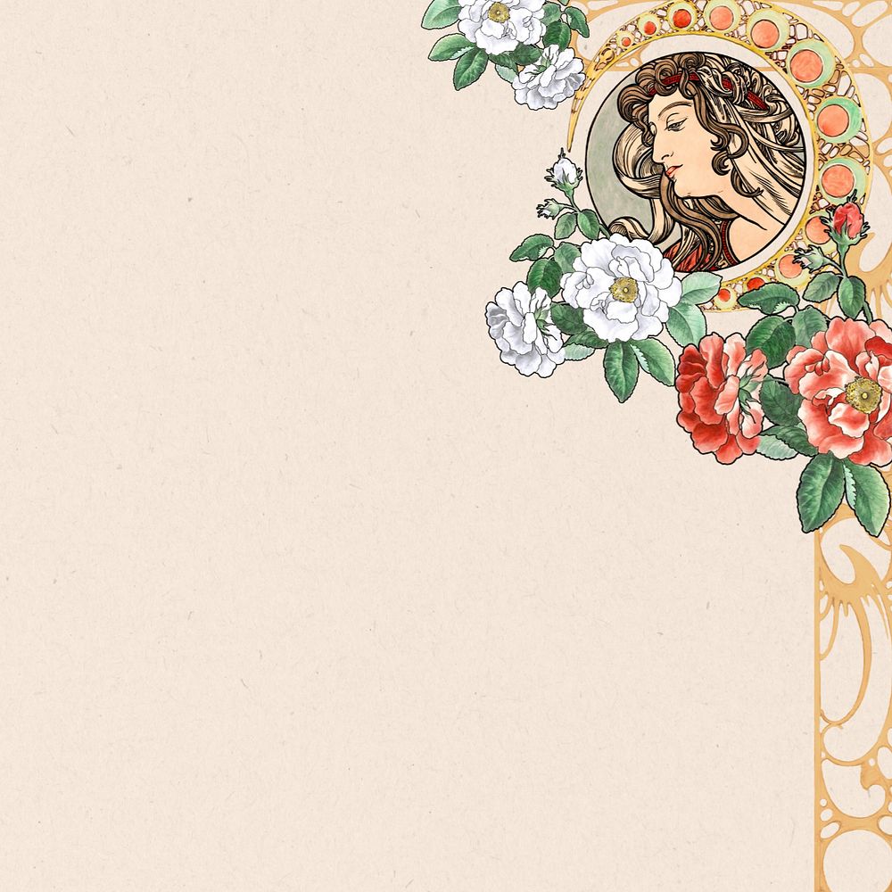 Vintage woman border background, Alphonse Mucha's famous artwork, remixed by rawpixel, editable design