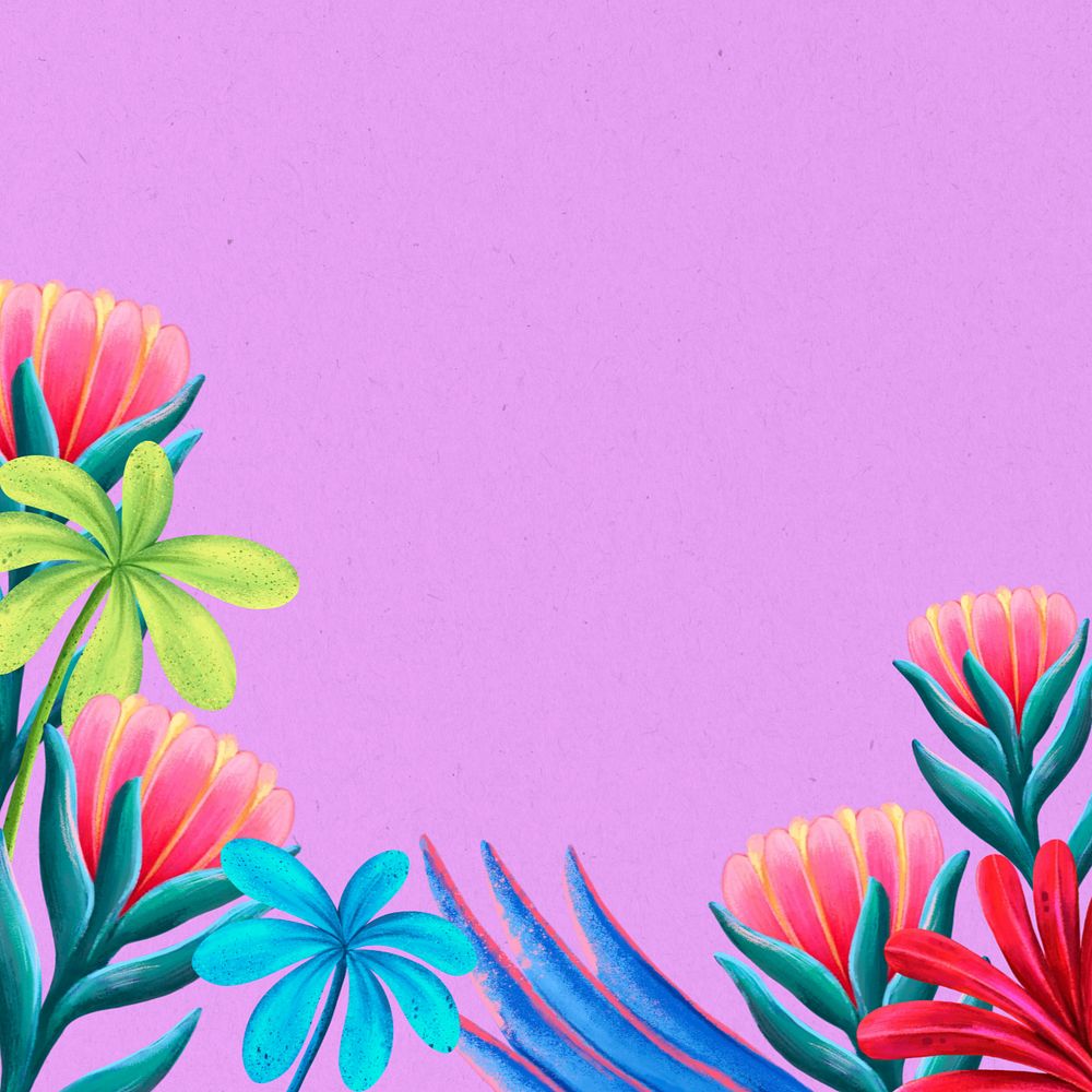Tropical flowers border background, purple botanical