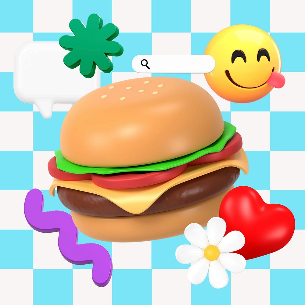 3D emoticon searching for hamburger illustration, editable design