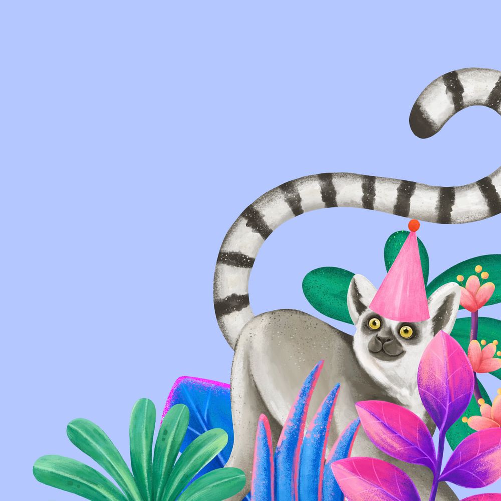 Cute lemur wildlife background, botanical illustration